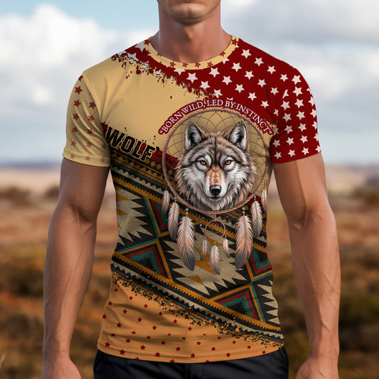 3D T-Shirt " Wild Spirit – Wolf and Dreamcatcher Design in Beige and Deep Red Tribal Pattern"