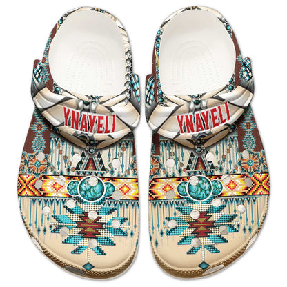 Custom Name Clogs – Rustic Boho Style with Turquoise Stone & Traditional Patterns