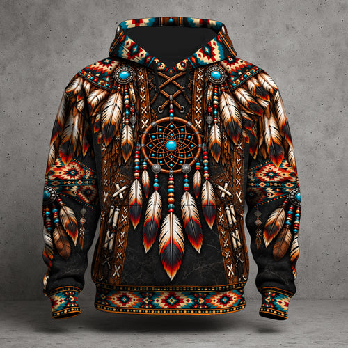 3D Hoodie Native American Dreamcatcher Feather Turquoise Leather Tribal Heritage Southwestern Geometric Pattern