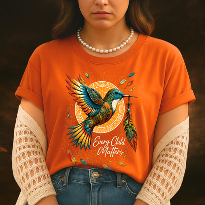 Every Child Matters Orange Hummingbird Feather Shirt, Indigenous Awareness Tee - Two Sides