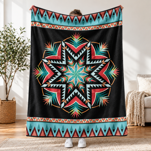 Sacred Star Navajo-Inspired Blanket - Vibrant Tribal Pattern on Black