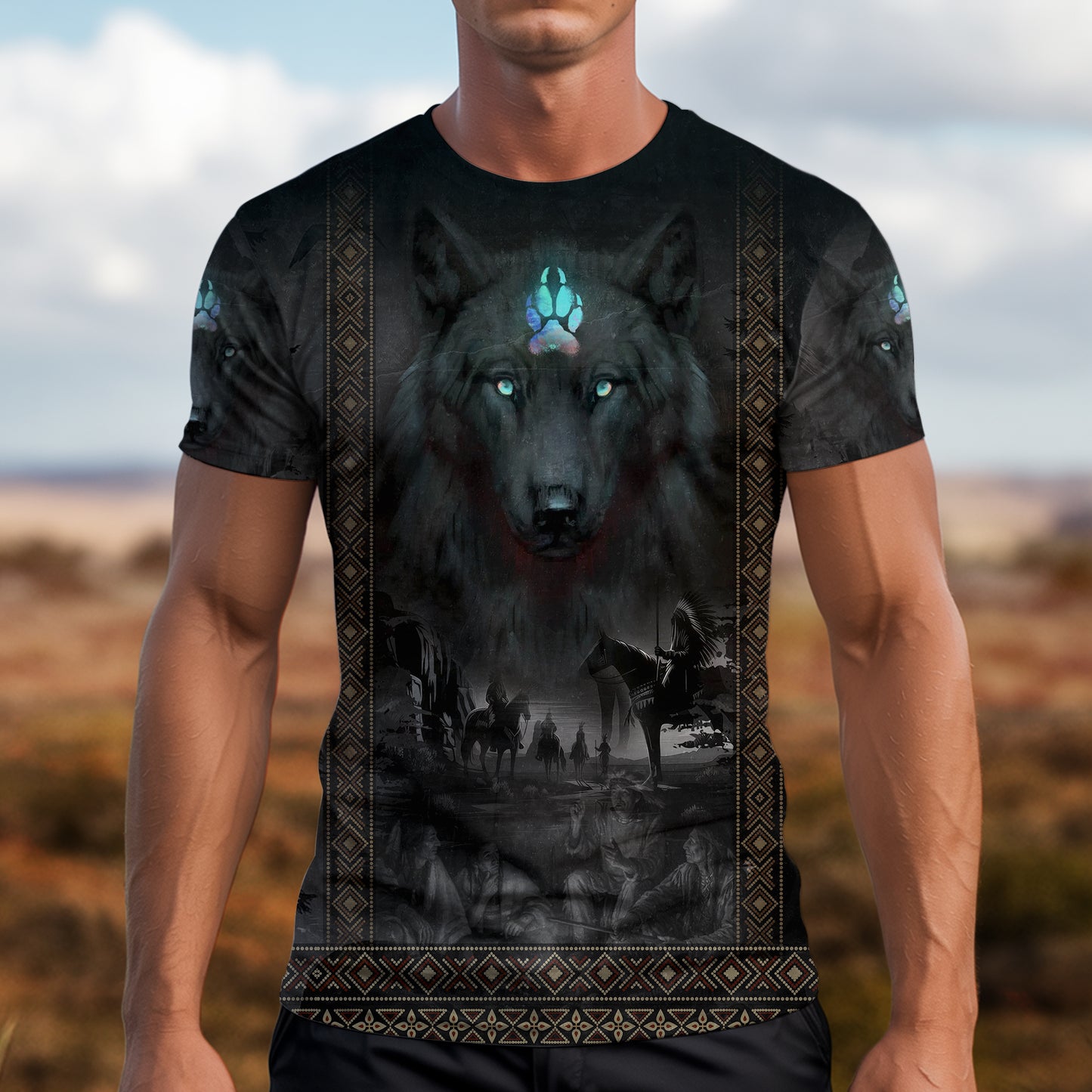 3D T-Shirt - "Tribal Wolf Guardian  – 3D Native Spirit Artwork, Blue Eyes Wolf Totem"