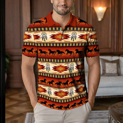 Native American Spirit  Polo Shirt – Horse Silhouette Tribal Pattern Southwestern Style