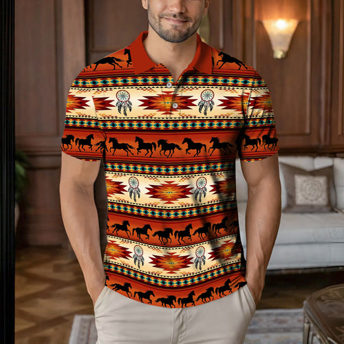 Native American Spirit  Polo Shirt – Horse Silhouette Tribal Pattern Southwestern Style
