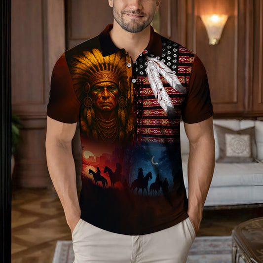 Native American  Polo Shirt The Chief Spirit  Red & Blue, Symbol of Freedom and Pride