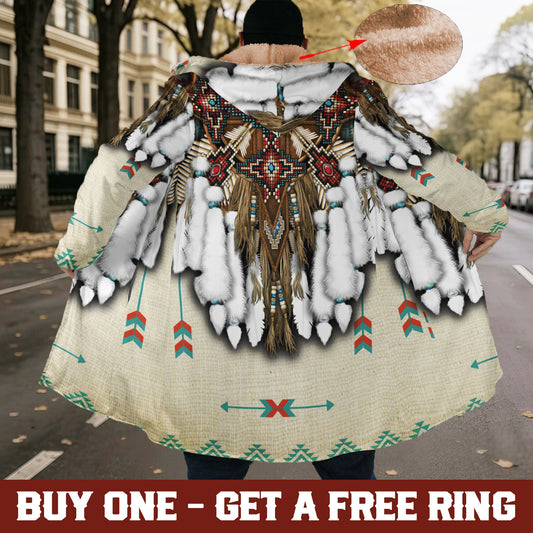 White Native Pattern Horn Button Long Fleece Windbreaker WCS