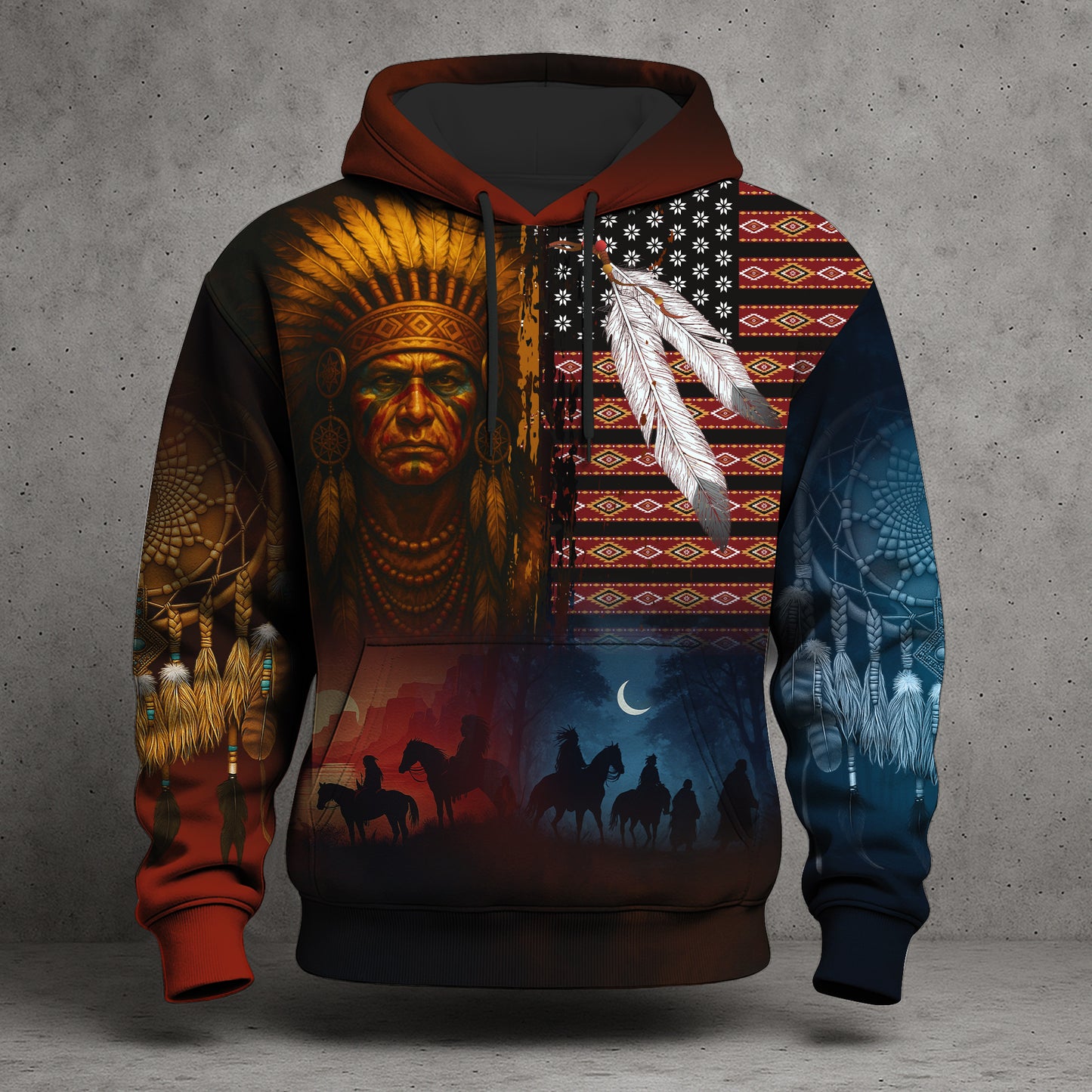 Native 3D Hoodie – Tribal Pattern & Chief Headdress Design