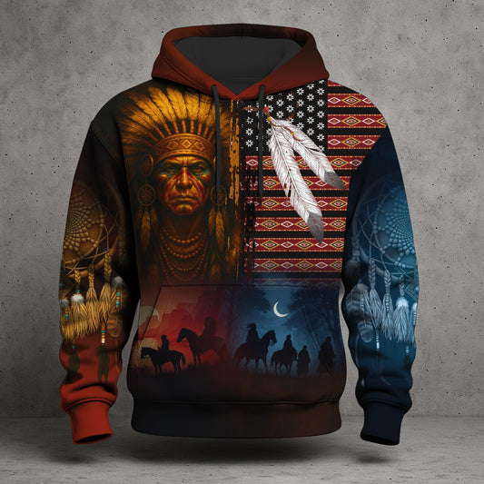 Native 3D Hoodie – Tribal Pattern & Chief Headdress Design