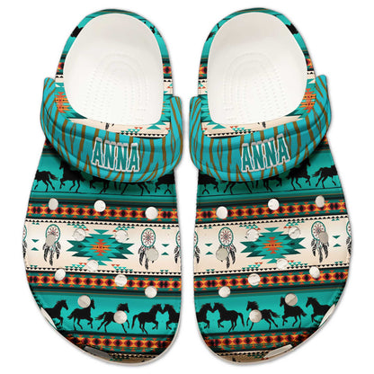Custom Name Native Horse Pattern Clogs – Dreamcatcher & Tribal Design, Family Gift