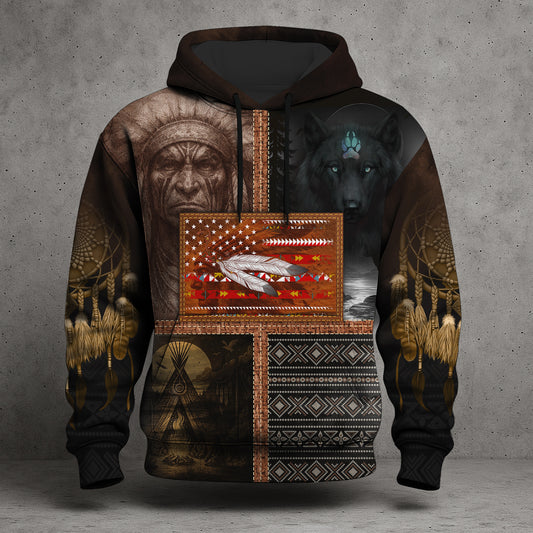 Warrior & Wolf Spirit – Tribal Heritage Hoodie (Brown & Black Pattern)
