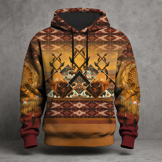 Buffalo Strength – Native Pattern Hoodie with Dreamcatcher & Warrior Symbols”