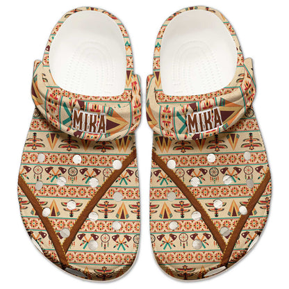 Custom Name Beige Tribal Clogs – Subtle Native-Inspired Gift for the Whole Family