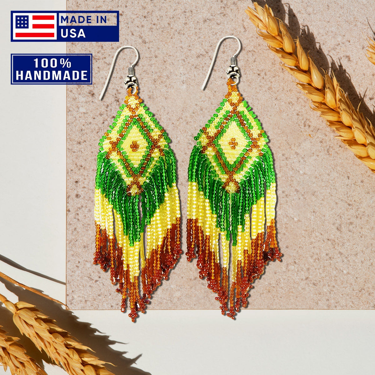 Green Seed Bead Pattern Beaded Handmade Earrings For Women
