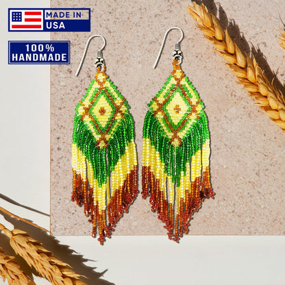 Green Seed Bead Pattern Beaded Handmade Earrings For Women