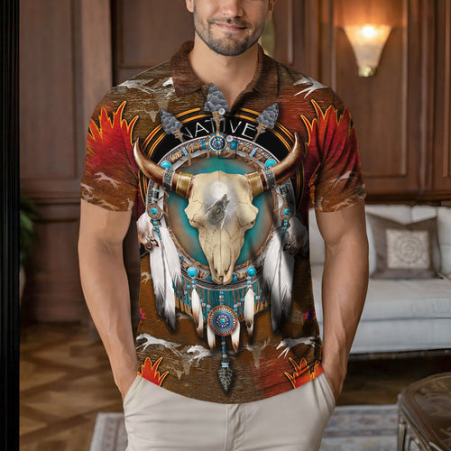Native American Polo Shirt –Native American Bison Skull – Tribal Spirit & Heritage Design
