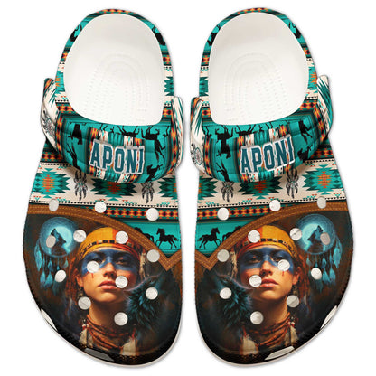Custom Name Boho Clogs – Beautiful Native Girl, Wolf Symbol & Meaningful Gift for Family