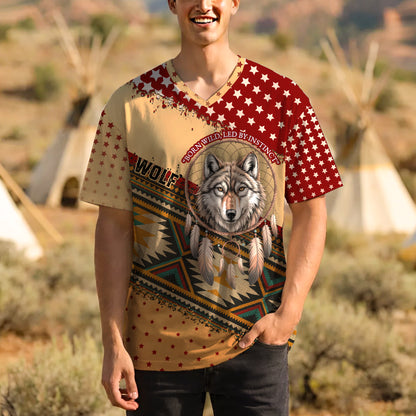 3D T-Shirt " Wild Spirit – Wolf and Dreamcatcher Design in Beige and Deep Red Tribal Pattern"