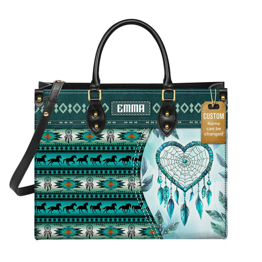 Personalized Leather Handbag for Women - Design Patterns Boho Dreamcatcher Spirit - Teal