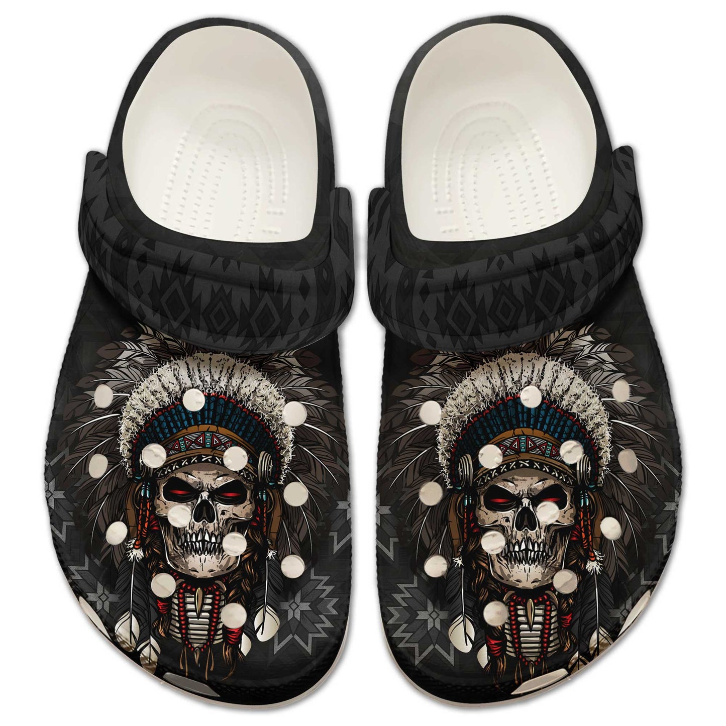Tribal Skull Clogs for Men & Women – Native Style Feather Headdress Skull Print
