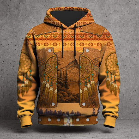 Tribal Dreamcatcher – Golden Horizon Hoodie with Sacred Mountain Motif