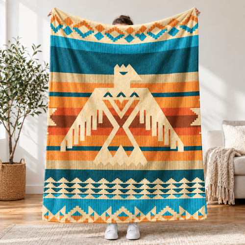 Native American Style Colorful Border Pattern Soft And Warm Fleece Blanket