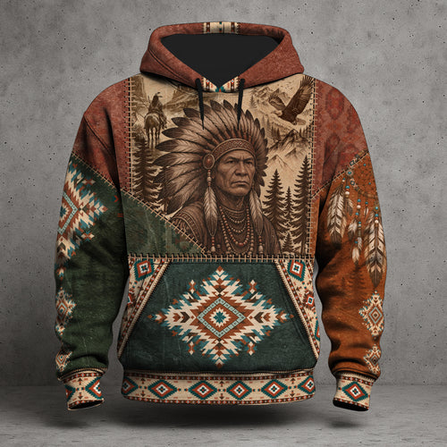 Native American Chief Tribal Patchwork Boho Hoodie