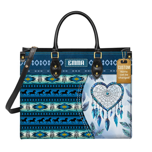 Personalized Leather Handbag for Women - Design Patterns Boho Blue Dreamcatcher