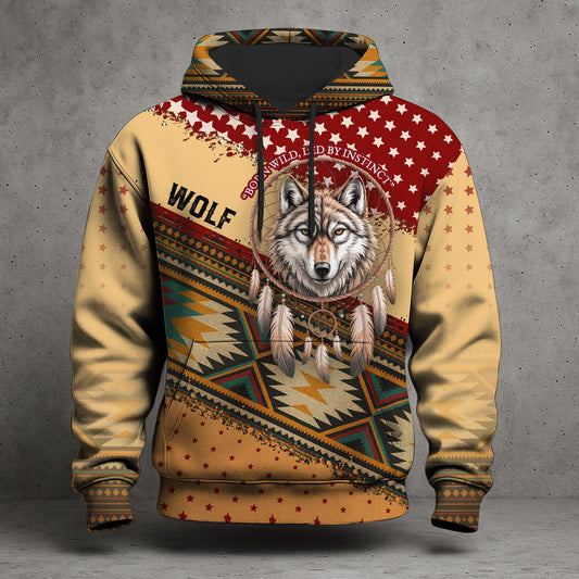 Wild Spirit – Wolf and Dreamcatcher Design in Beige and Deep Red Tribal Pattern
