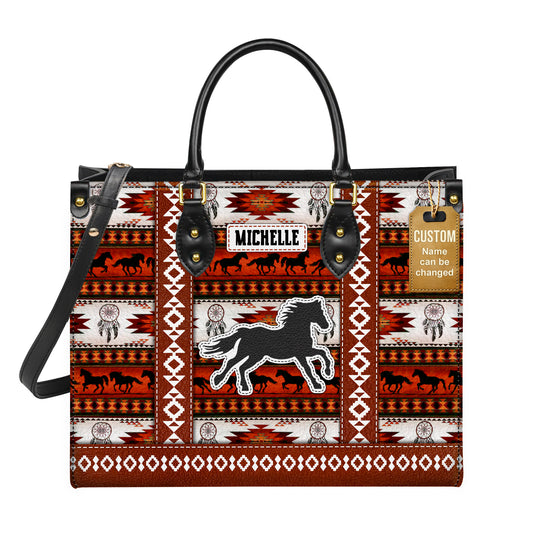Personalized Leather Handbag for Women - Design Patterns Boho Rustic Orange & White Spirit Horse
