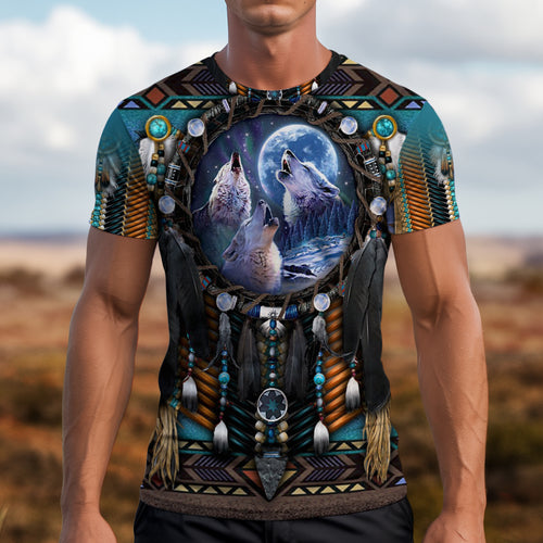 3D T-Shirt  "Native American Wolf Moon – Tribal Dreamcatcher Spirit"