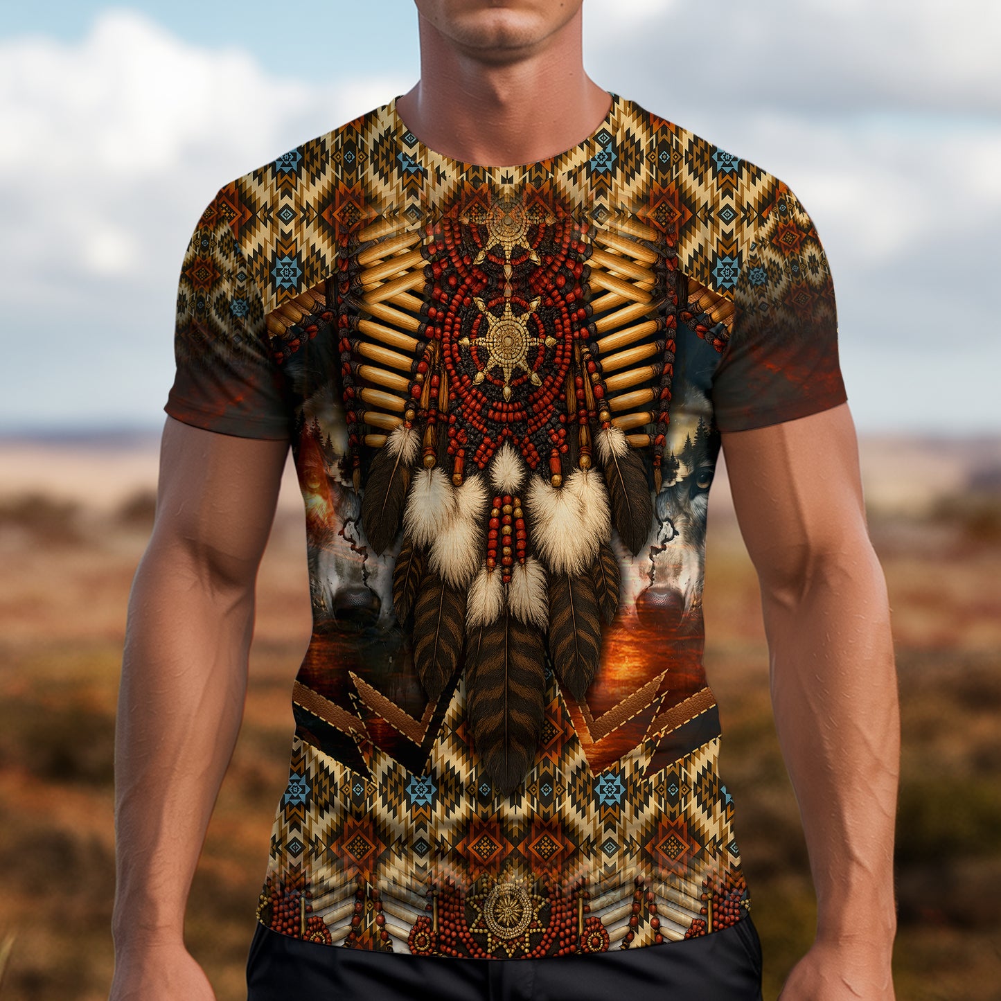 3D T-Shirt " Native Spirit Guardian – Sacred Bead & Feather Warrior"