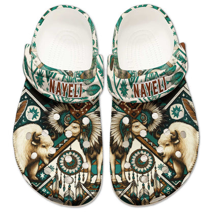 Custom Name Native Buffalo Spirit Clogs – Dreamcatcher & Tribal Feathers Design
