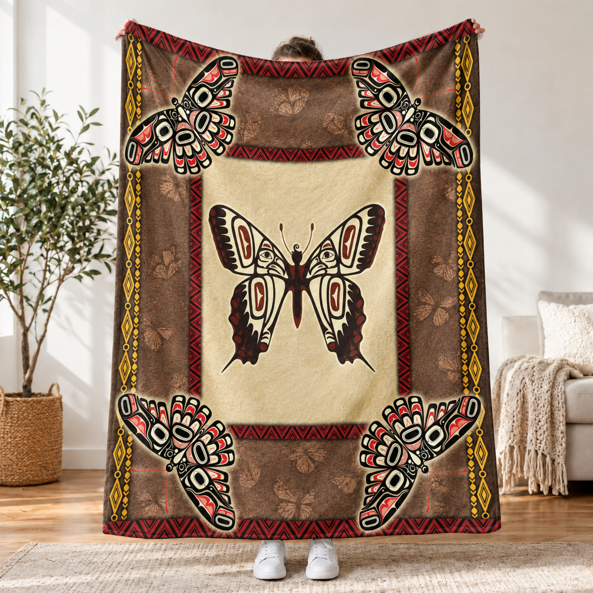 Native American Style Butterfly Symbols Soft and Warm Fleece Blanket