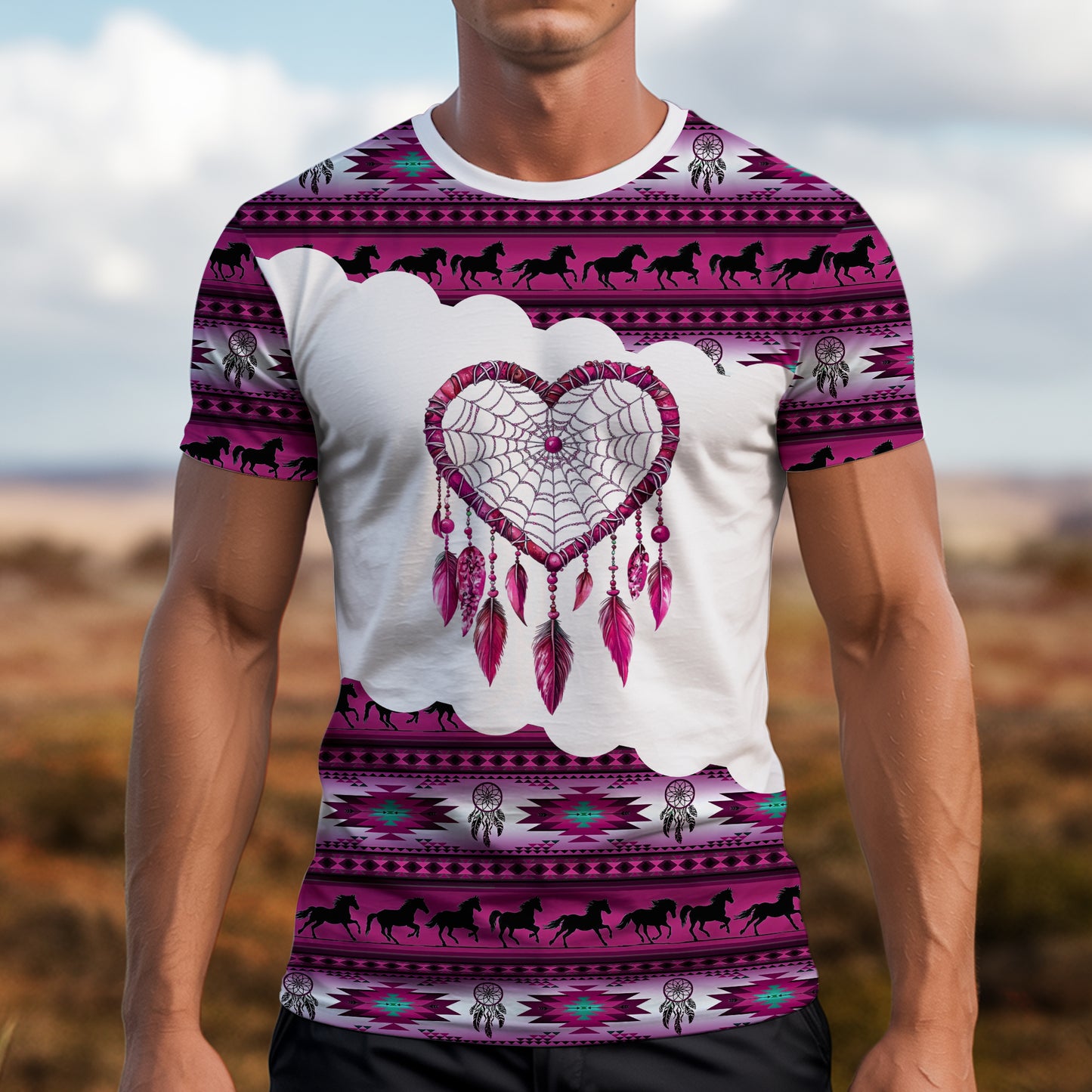 3D T-Shirt " Dreamcatcher Tribal Horse, Feather & Boho Pattern