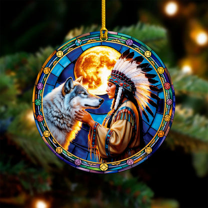 Native American Woman and Wolf Full Moon Christmas Tree Decor Flat Acrylic