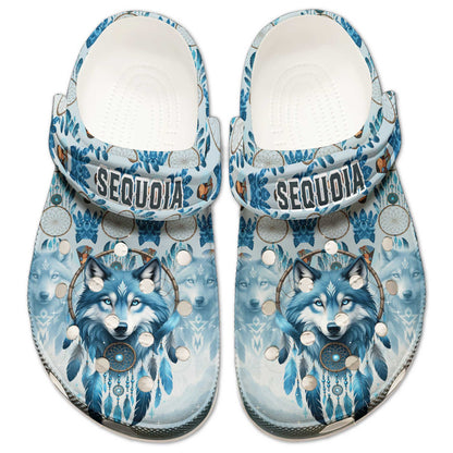 Custom Name Wolf Dreamcatcher Clogs – Tribal Spirit & Personalized Native Gift
