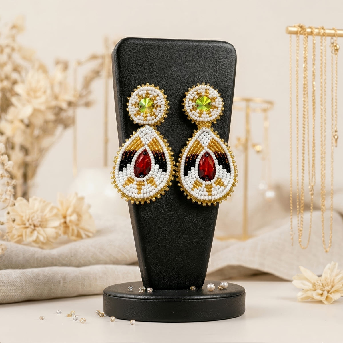 Handmade Beaded Teardrop Shape Post White Maroon Earrings