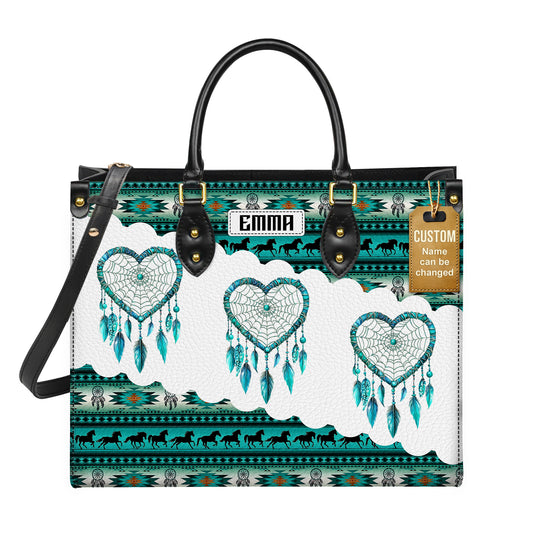 Personalized Leather Handbag for Women - Design Patterns Boho Teal & White Dreamcatcher