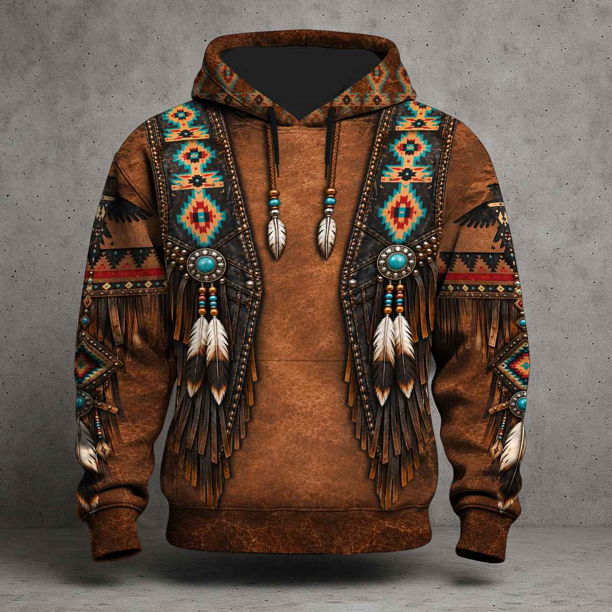 Native American Faux Leather Vest Hoodie, Southwestern Tribal Eagle Feather Graphic
