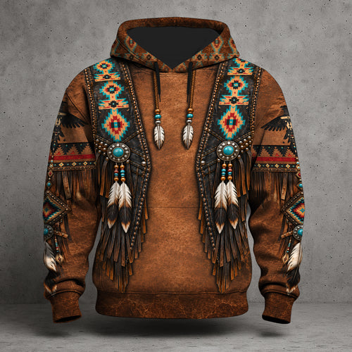 Native American Faux Leather Vest Hoodie, Southwestern Tribal Eagle Feather Graphic