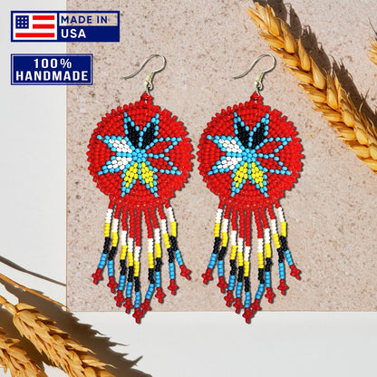 Red 4 Directions Round Fringe Beaded Handmade Earrings For Women