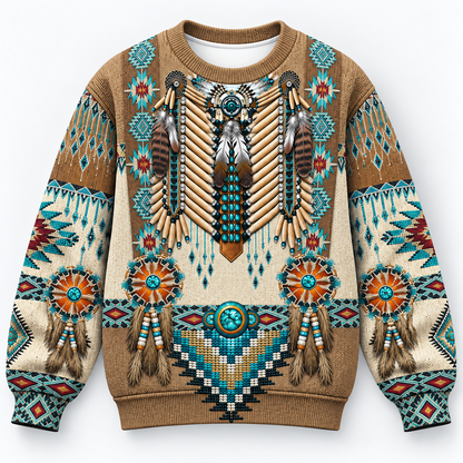 3D Knitted Sweater Native American Faux Leather Vest Hoodie, Southwestern Tribal Eagle Feather Graphic