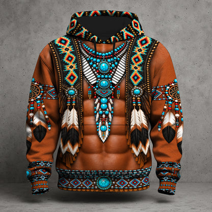 3D Hoodie Native American Muscle Warrior Turquoise Feather Dreamcatcher Tribal Leather Western Spirit