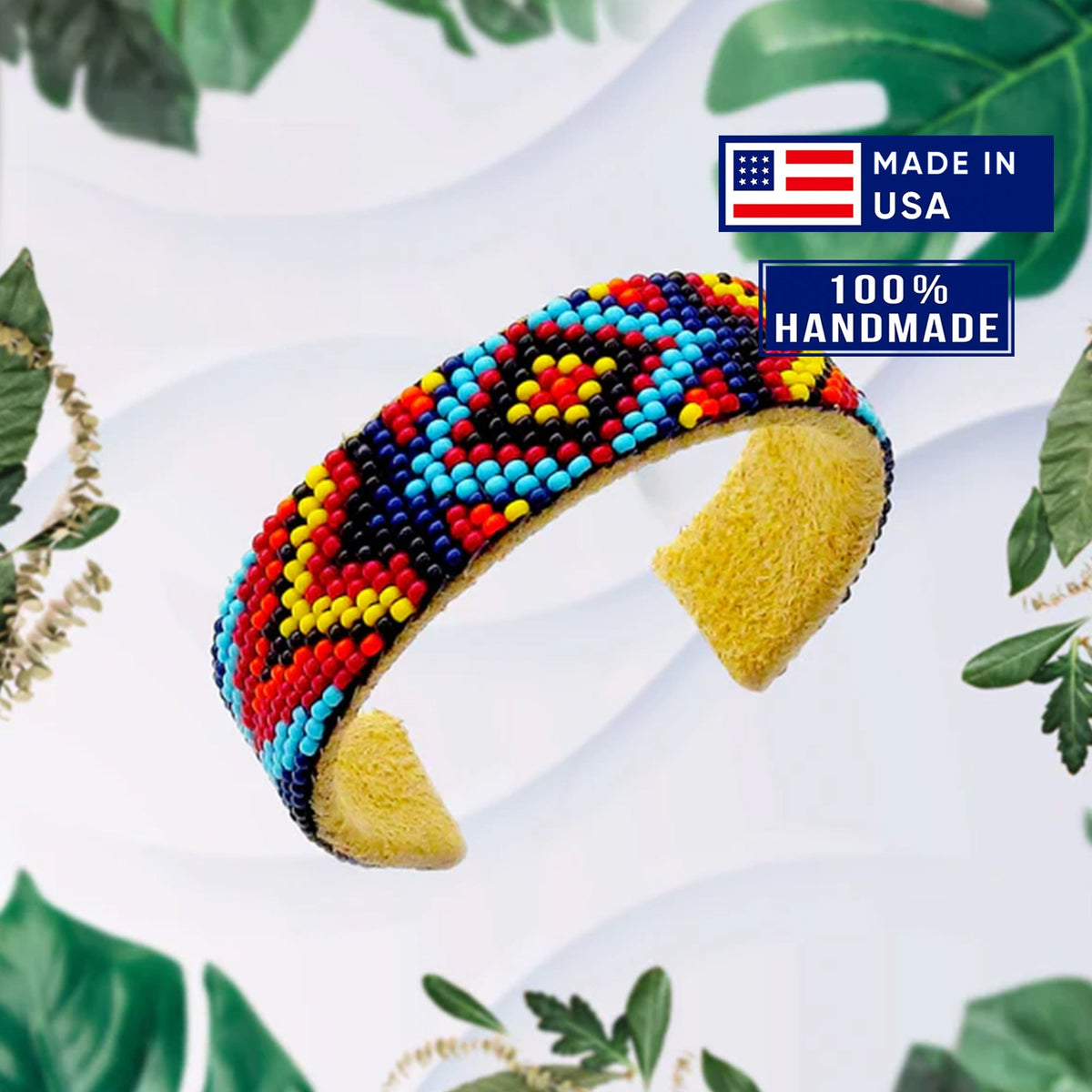 Multi Color Hard Cuff Leather Narrow Beaded Handmade Bracelet