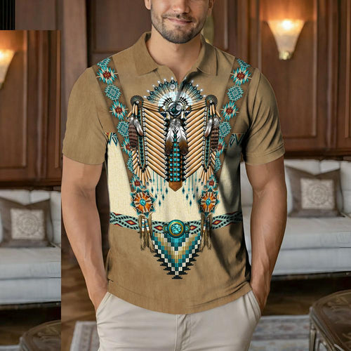 Native American Polo Shirt - Tribal Beaded Headdress  – Turquoise & Feather Pattern
