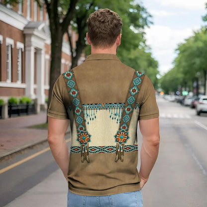 Native American Polo Shirt - Tribal Beaded Headdress  – Turquoise & Feather Pattern
