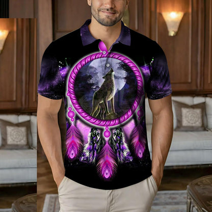 Native American  Polo Shirt - Wolf Dreamcatcher Purple Tribal Moon Howl Design