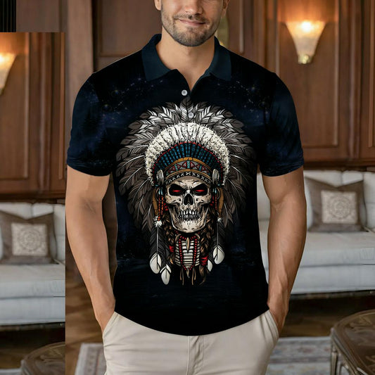 Native American  Polo Shirt - Warrior Skull  Tribal Chief Headdress Edition