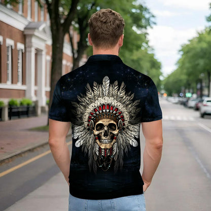 Native American  Polo Shirt - Warrior Skull  Tribal Chief Headdress Edition