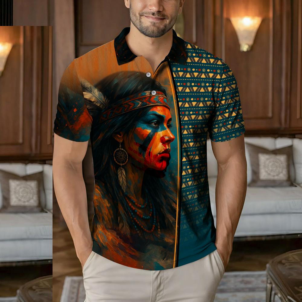 Native American  Polo Shirt - Tribal Feather Hoodie – Bold Red & Geometric Pattern